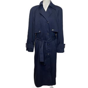 London Fog Double Breasted Navy Blue Maxi Trench Coat Womens Tie Around Jacket